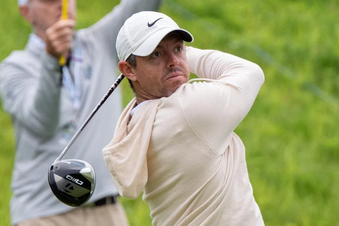 May 15, 2024; Louisville, Kentucky, USA; Rory McIlroy hits off of the 15th tee box during a practice round for the PGA Championship golf tournament at Valhalla Golf Club. Mandatory Credit: Clare Grant-USA TODAY Sports