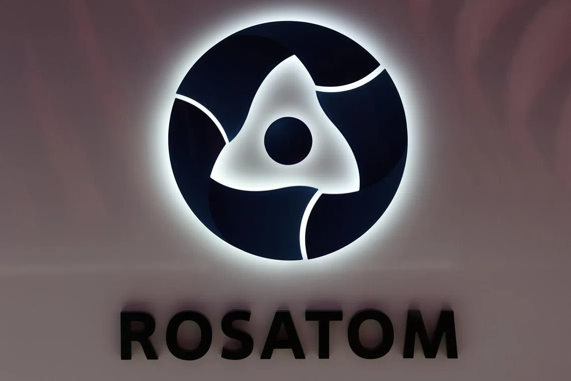FILE PHOTO: A view shows a board with the logo of Russian state nuclear agency Rosatom at the St. Petersburg International Economic Forum (SPIEF) in Saint Petersburg, Russia June 16, 2022. REUTERS/Anton Vaganov/File Photo