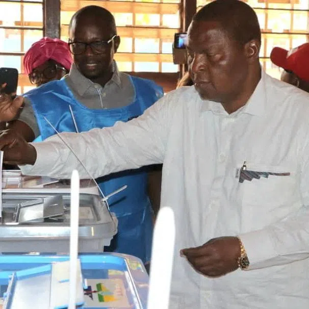 President of the Central African Republic and United Hearts Movement presidential candidate Faustin-Archange Touadera, casts his vote during the presidential election at a polling station in Bangui, Central African Republic December 28, 2025. Central African Presidency's Press Service/Handout via REUTERS