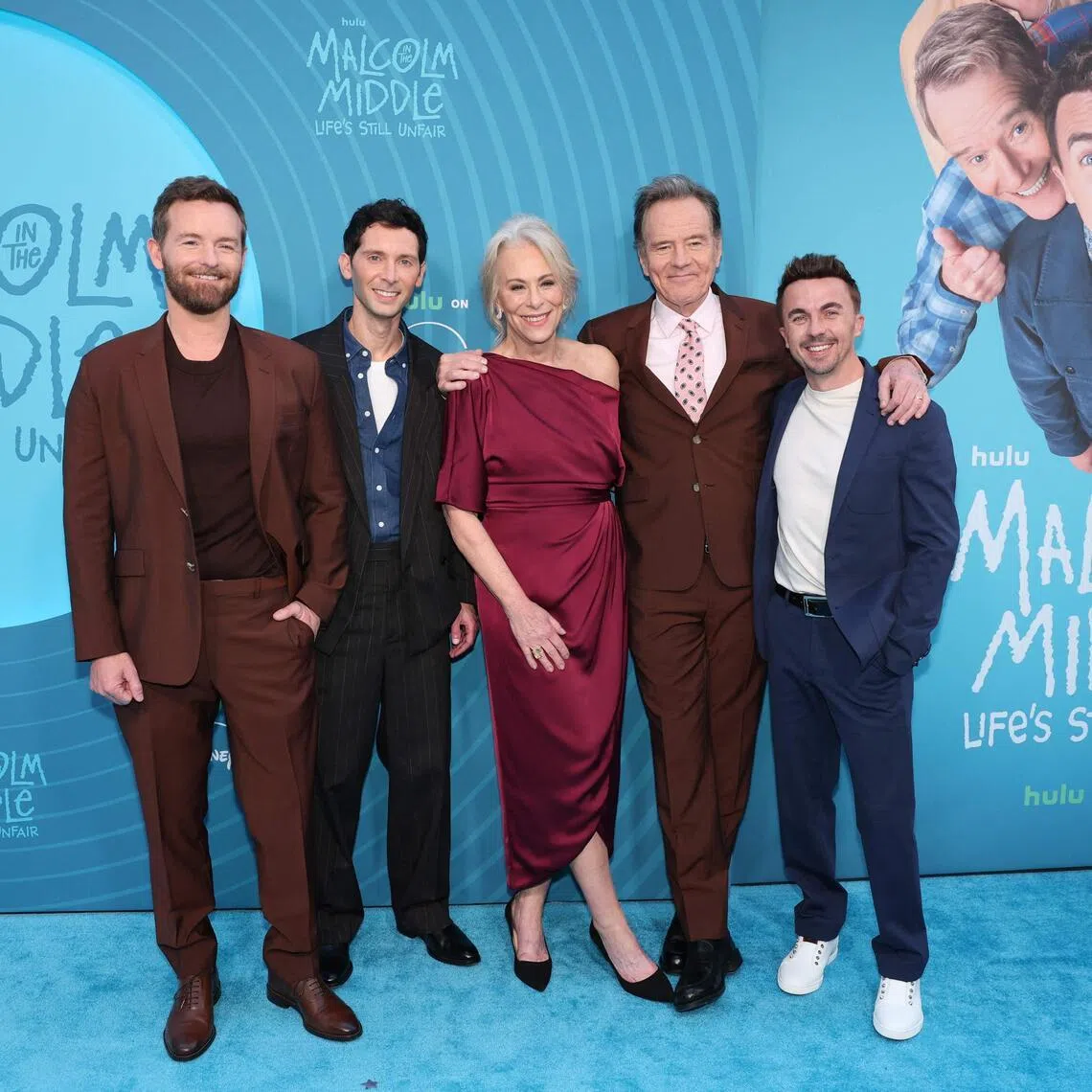 (From left) Actors Christopher Masterson, Justin Berfield, Jane Kaczmarek, Bryan Cranston and Frankie Muniz at the Malcolm in the Middle: Life's Still Unfair premiere in New York on April 7, 2026. 