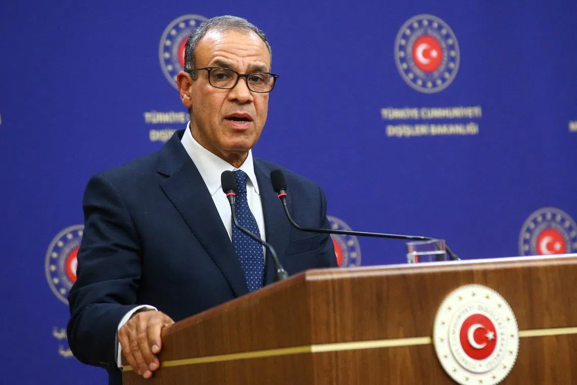 FILE PHOTO: Egyptian Foreign Misnister Badr Abdelatty speaks during a joint press conference with Turkish Foreign Minister Hakan Fidan (not pictured) in Ankara, Turkey, February 4, 2025. REUTERS/Cagla Gurdogan/File Photo