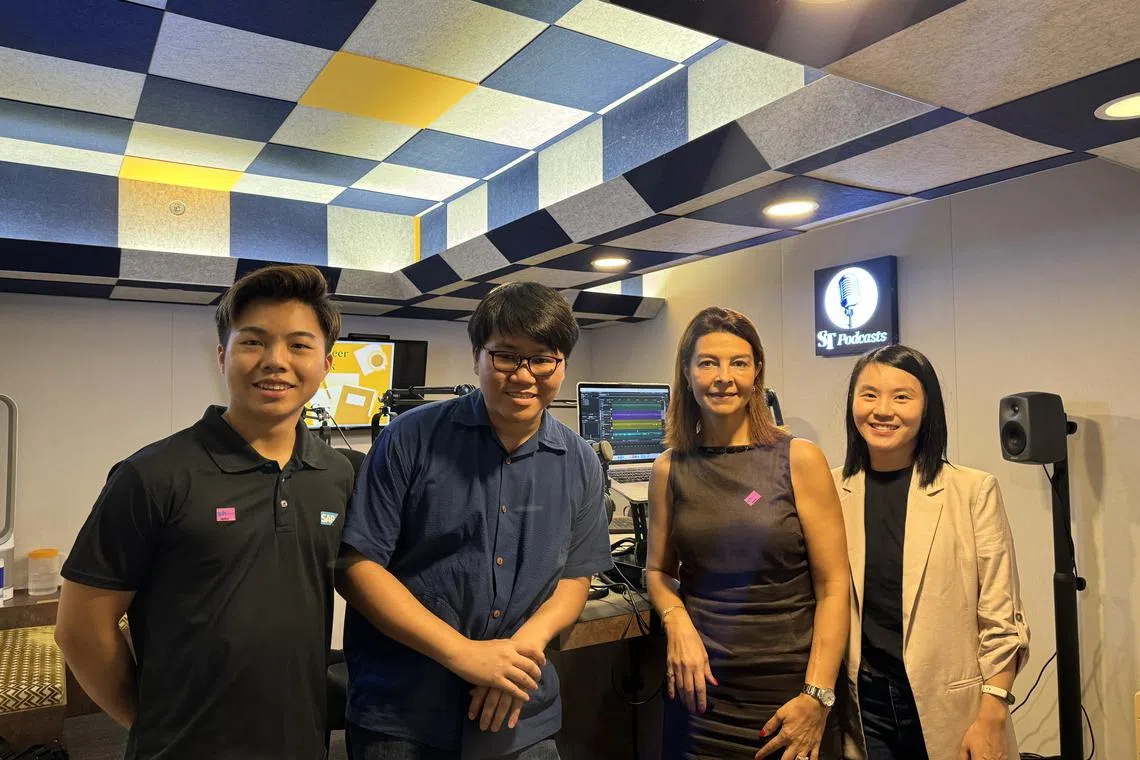 (From left) Mr Choy Zhan Hao, a recent Star alum at SAP, ST Journalist, Tay Hong Yi, Ms Betul Genc, senior vice-president and head of Asean at Adecco and Ms Jean Ooi, Student Training and Rotation (Star) programme manager at SAP in the podcast studio.