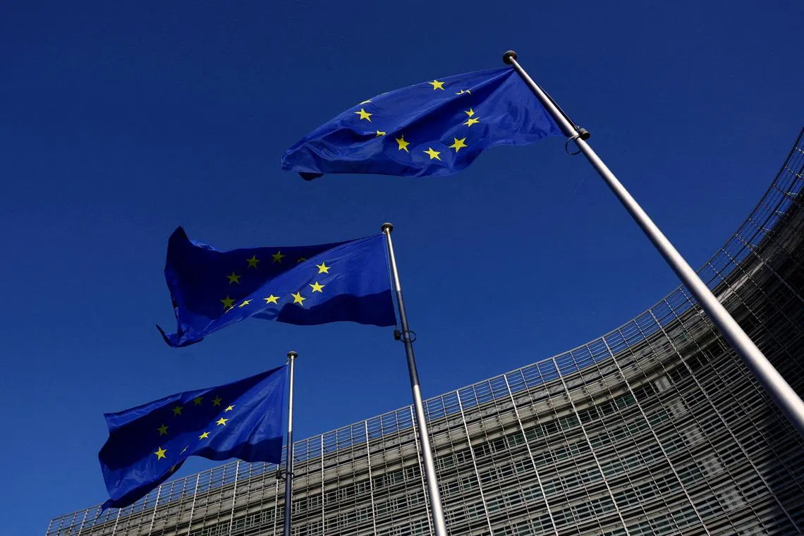 FILE PHOTO: European Union flags flutter outside the European Commission headquarters in Brussels, Belgium Februrary 26, 2026. REUTERS/Yves Herman/File Photo