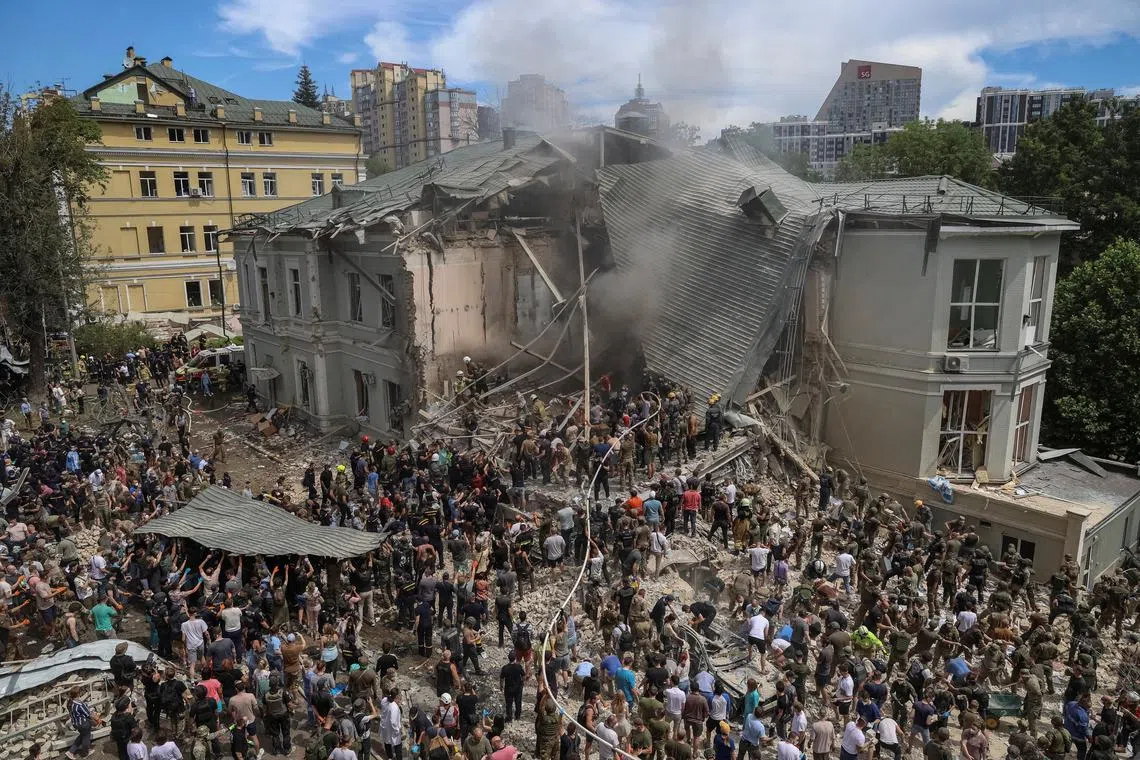 Rescuers work at Ohmatdyt Children's Hospital that was damaged during Russian missile strikes, amid Russia's attack on Ukraine, in Kyiv, Ukraine July 8, 2024. REUTERS/Oleksandr Ratushniak