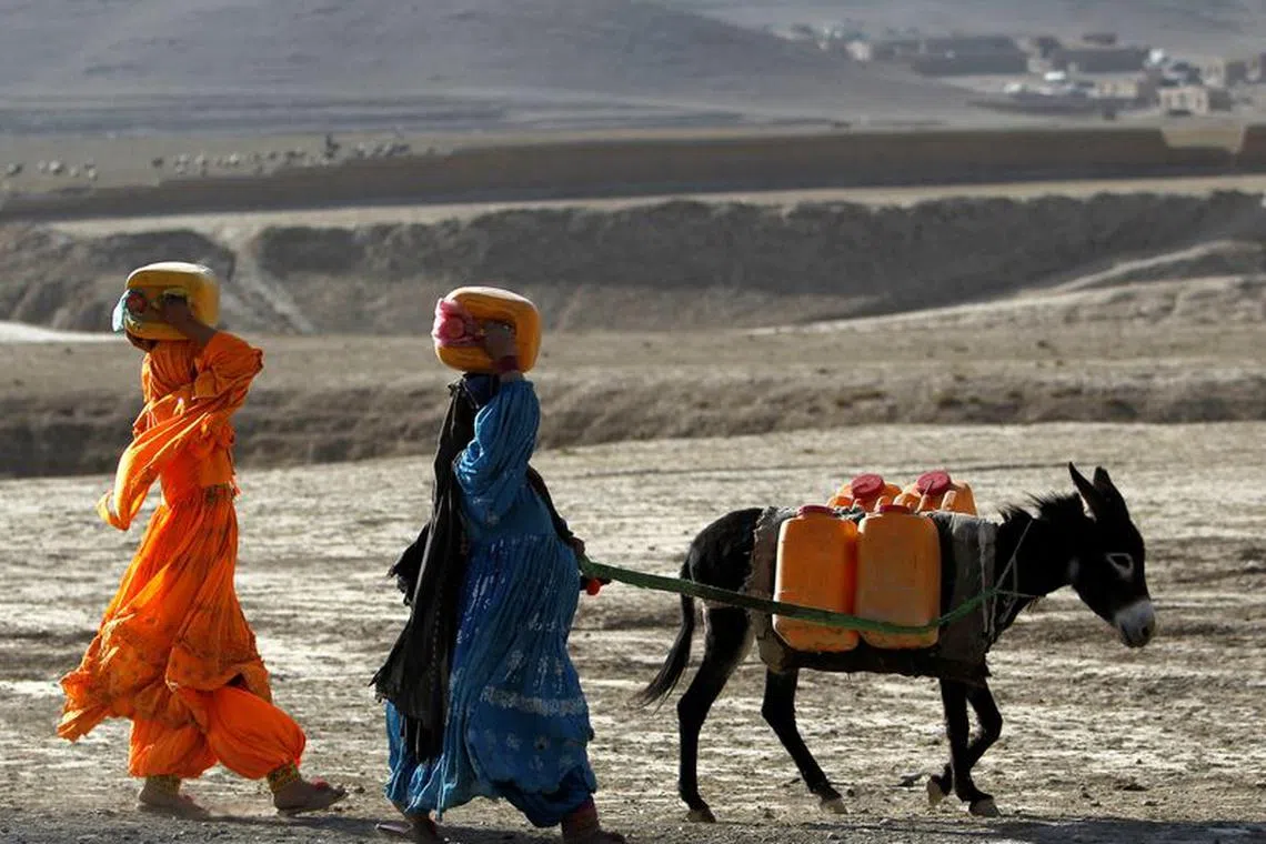 FILE PHOTO: Afghan kochi nomad women carry water containers on their heads as they walk with a donkey outside of Maidan Shar, the capital of Wardak province, September 8, 2013.  REUTERS/Omar Sobhan/File Photo