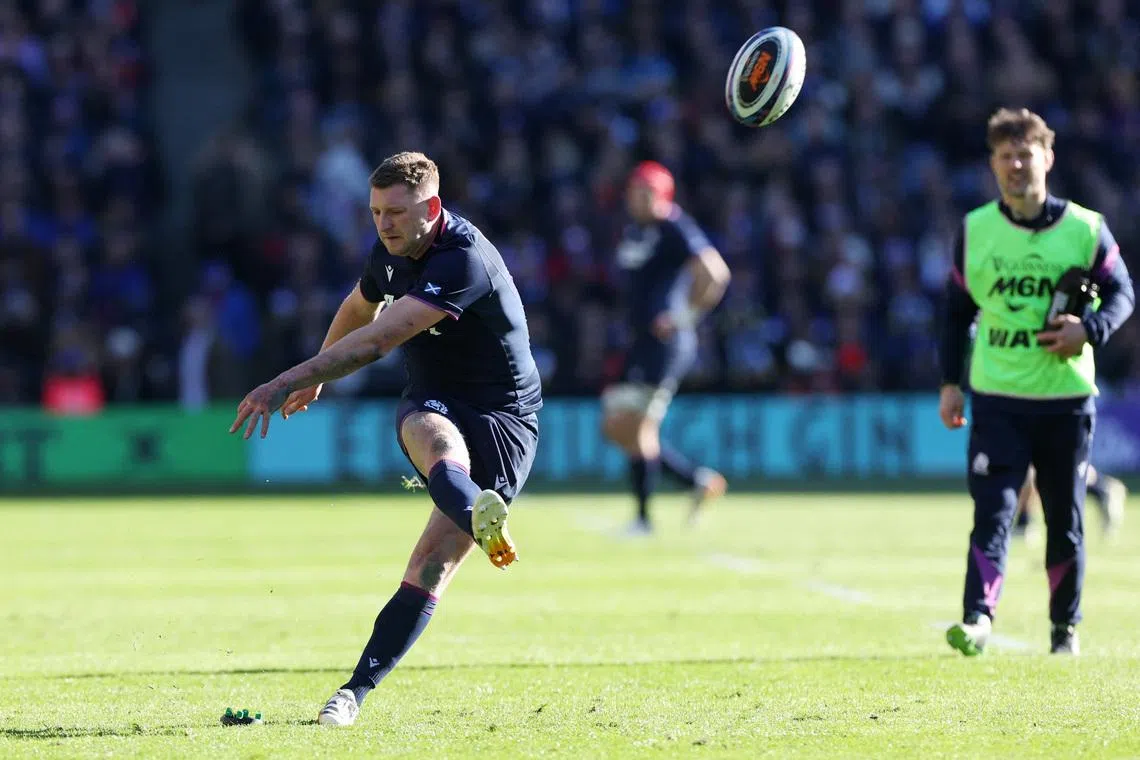 Rugby Union - Six Nations Championship - Scotland v France - Murrayfield Stadium, Edinburgh, Scotland, Britain - March 7, 2026 Scotland's Finn Russell scores a conversion after Pierre Schoeman scores their third try REUTERS/Russell Cheyne