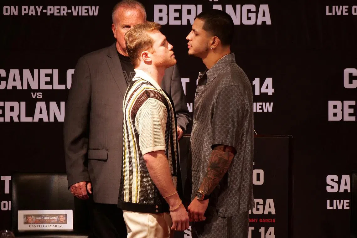 Saul “Canelo” Alvarez (left) and Edgar Berlanga during a press conference at Crystal Ballroom, on Sept 14.
