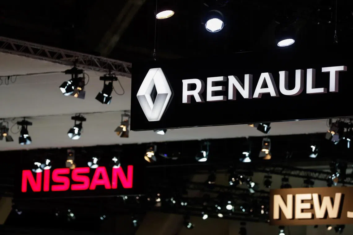 A view of Renault and Nissan logos during the inauguration of the Brussels Motor Show in Brussels, Belgium, 09 January 2020 (reissued 30 January 2023). After months of negotiations with Renault Group, Nissan Motor Co., Ltd announced on 30 January 2023 that the French carmaker accepted to lower its stake in Nissan from 43 percent to 15 percent, the same percentage Nissan holds in Renault.  EPA-EFE/STEPHANIE LECOCQ