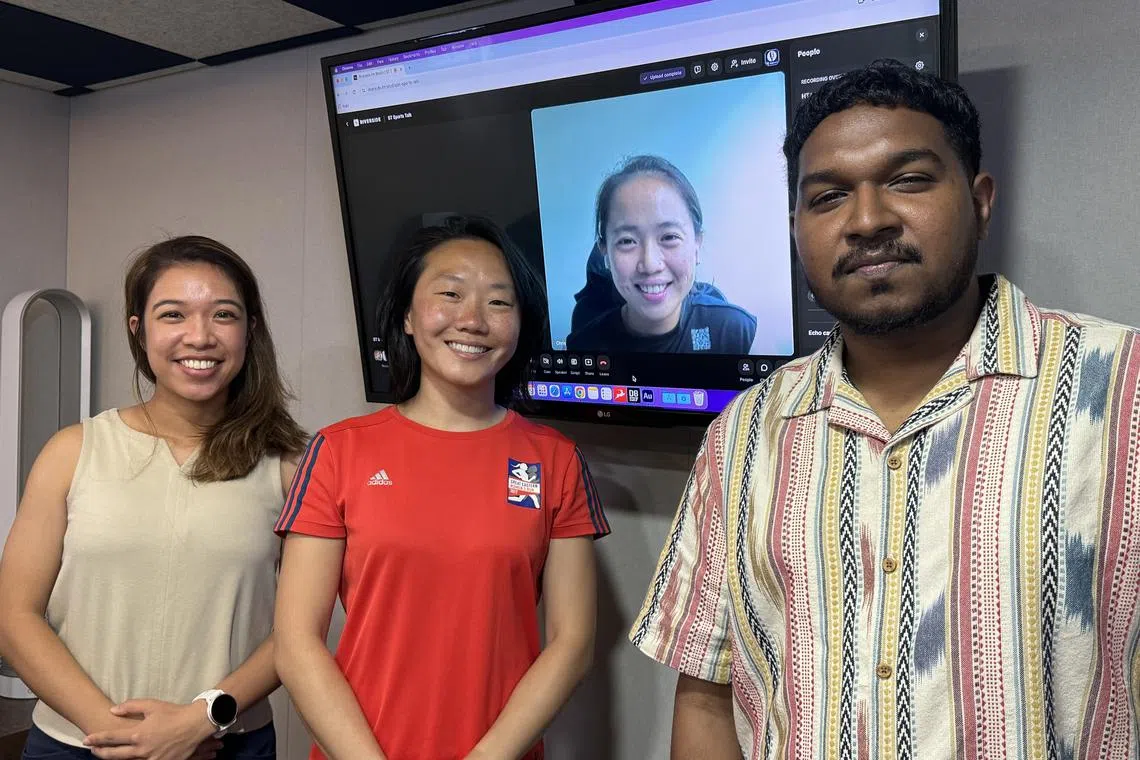 (From left) Current women’s footballer Sara Merican, former national captain Charmaine Lim, former national footballer Chris Yip-Au (on screen) and ST Sports reporter Deepanraj Ganesan.
