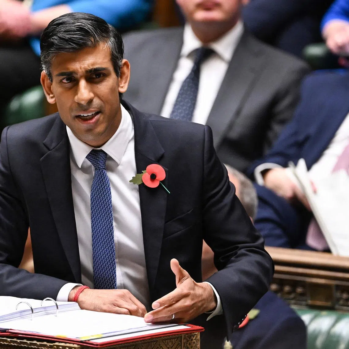 A handout photograph released by the UK Parliament shows Britain's Prime Minister Rishi Sunak speaking during Prime Minister's Questions (PMQs) in the House of Commons in London on Novermber 2, 2022. 