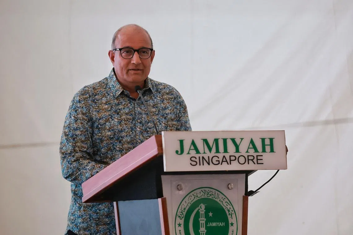 Transport Minister S. Iswaran speaking at the launch of the community minimart at Jampacked@West Coast on May 7, 2023.