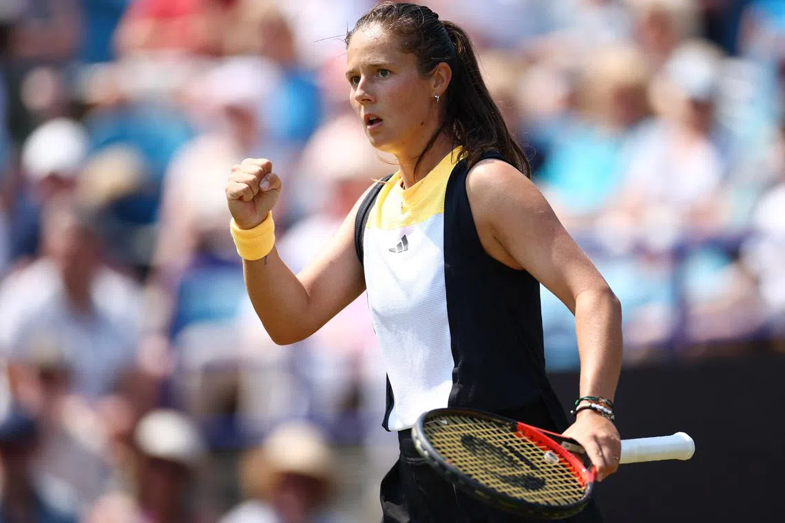 FILE PHOTO: Tennis - Eastbourne International - Devonshire Park Lawn Tennis Club, Eastbourne, Britain - June 28, 2024 Russia's Daria Kasatkina reacts during her semi final match against Italy's Jasmine Paolini Action Images via Reuters/Andrew Boyers/File Photo