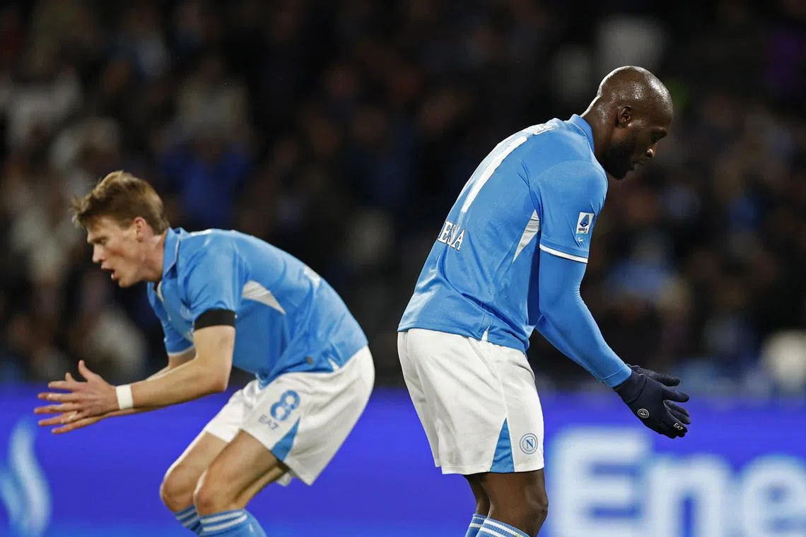 Napoli's Scott McTominay and Romelu Lukaku reacting to a missed chance against Hellas Verona at Stadio Diego Armando Maradona on Jan 12, 2025.