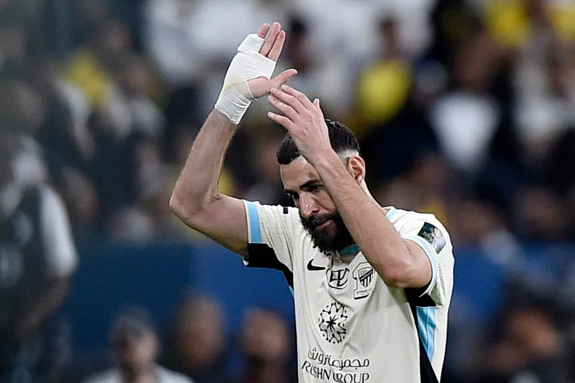 Soccer Football - King's Cup of Champions - Round of 16 - Al Nassr v Al Ittihad - Al Awwal Park, Riyadh, Saudi Arabia - October 28, 2025 Al Ittihad's Karim Benzema reacts after being substituted REUTERS/Stringer