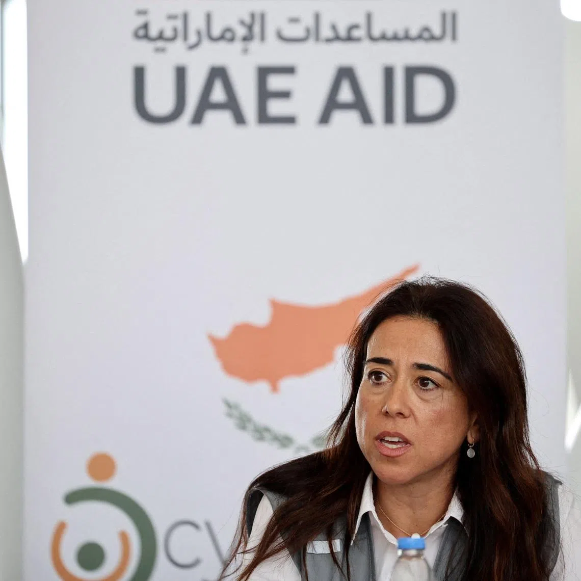 UAE's Minister of State Lana Nusseibeh speaks to the media at Limassol port, Cyprus, where aid is accumulating for the people of Gaza, November 7, 2025. REUTERS/Yiannis Kourtoglou