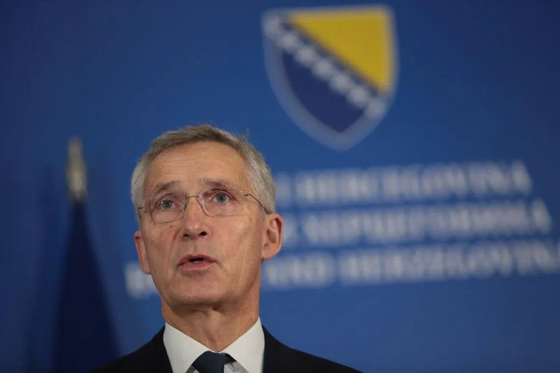 Secretary General of NATO Jens Stoltenberg addresses the media during his visit to Sarajevo, Bosnia and Herzegovina, November 20, 2023. REUTERS/Amel Emric