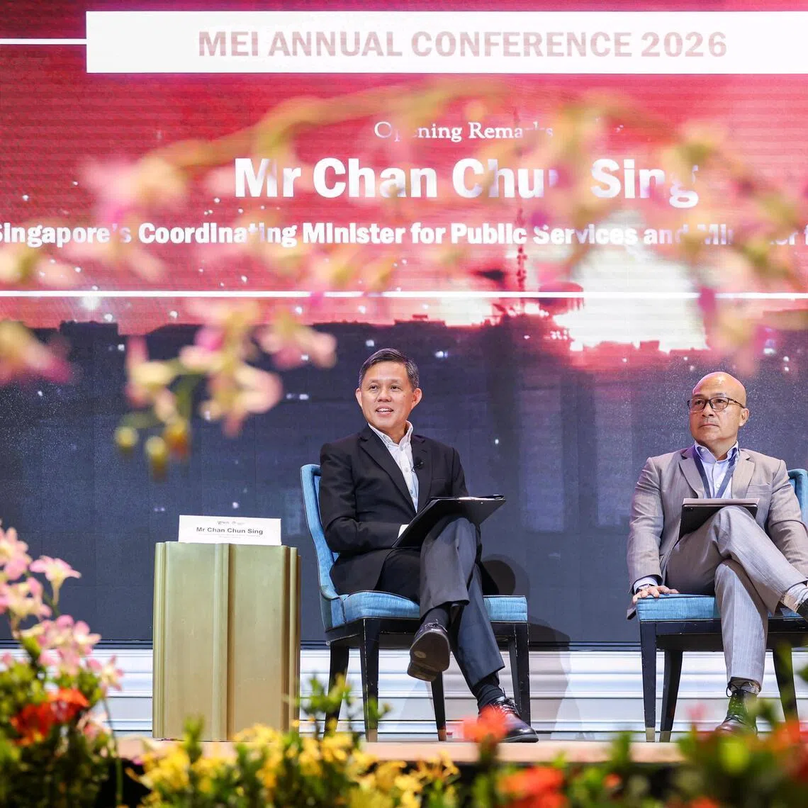 Defence Minister Chan Chun Sing (left) during a dialogue at the Middle East Institute’s annual conference moderated by the institute’s chairman Joseph Liow on June 23.
