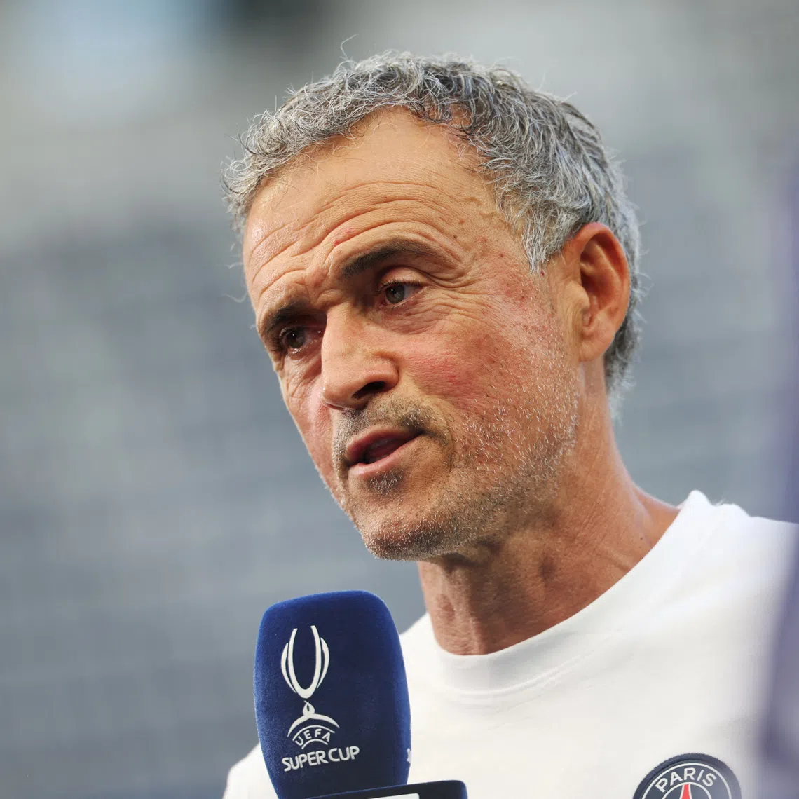 Paris Saint-Germain coach Luis Enrique speaks to the media ahead of training before their UEFA Super Cup match against Aston Villa on Aug 12.