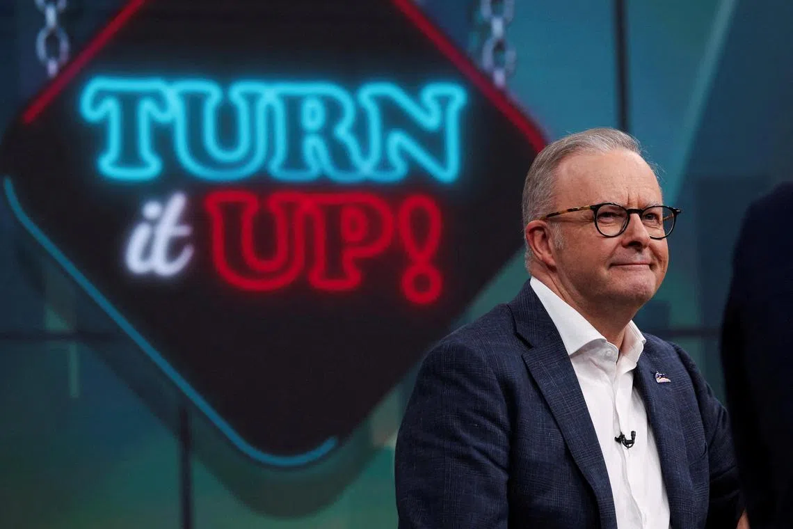 Australian Prime Minister Anthony Albanese reacting during an appearance as a guest on the Sunday Footy Show in Sydney on April 20.  2025. AAP Image/Alex Ellinghausen/Pool via REUTERS THIS IMAGE HAS BEEN SUPPLIED BY A THIRD PARTY NO RESALES. NO ARCHIVES AUSTRALIA OUT. NO COMMERCIAL OR EDITORIAL SALES IN AUSTRALIA NEW ZEALAND OUT. NO COMMERCIAL OR EDITORIAL SALES IN NEW ZEALAND/File Photo