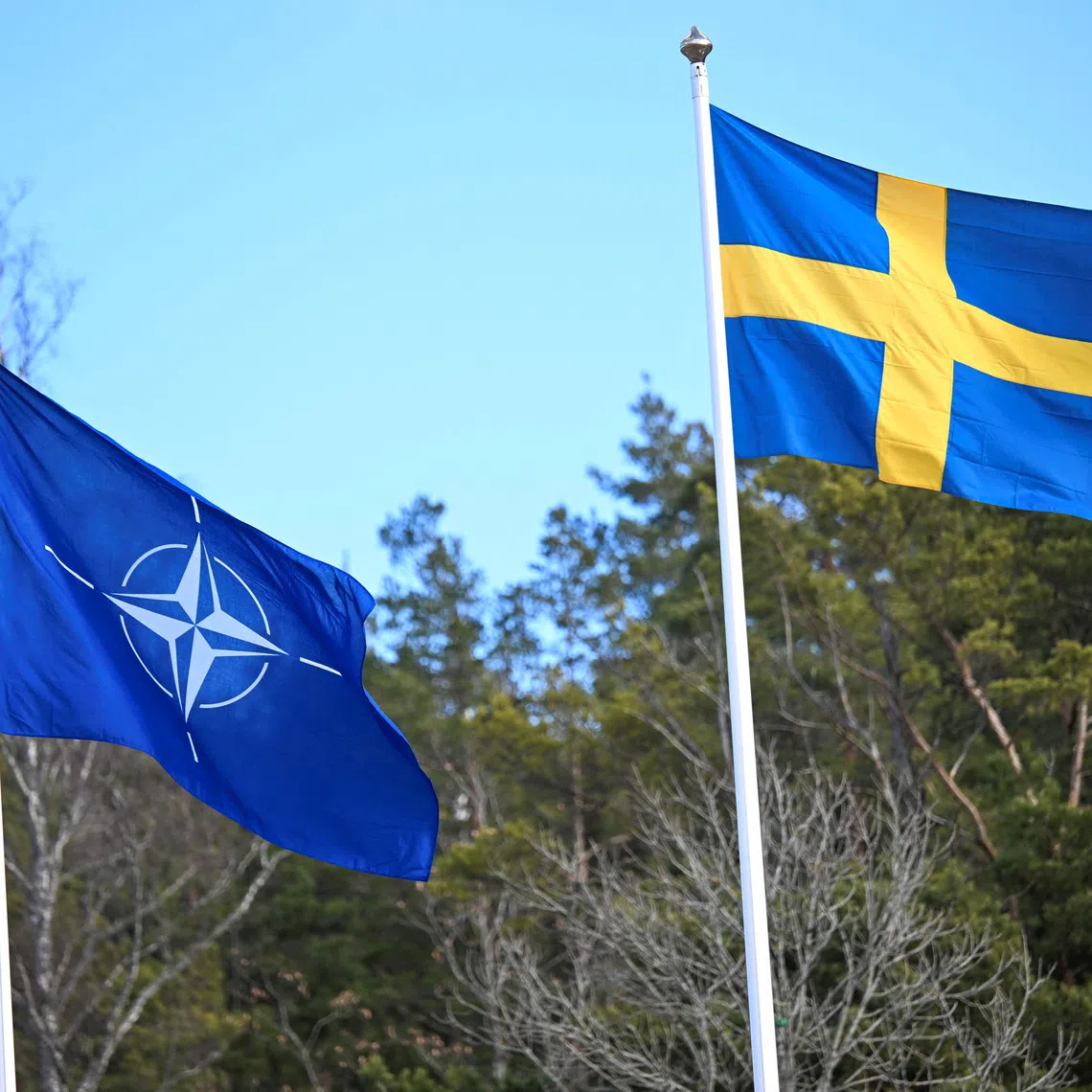 The NATO flag is raised at a ceremony at the Musko navy base near Stockholm, Sweden, March 11, 2024. TT News Agency/Fredrik Sandberg/via REUTERS