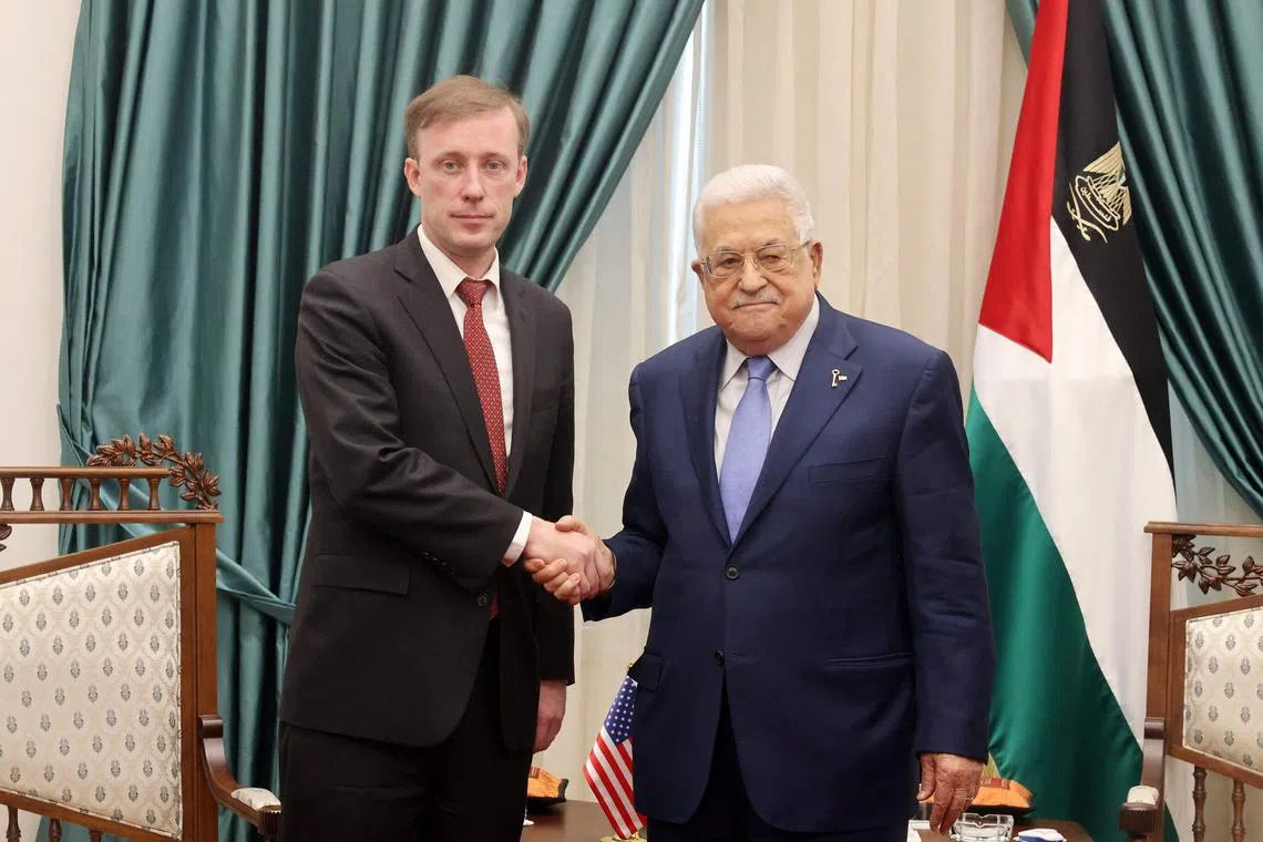 Palestinian President Mahmoud Abbas (right) with US National Security Advisor Jake Sullivan in Ramallah, in the occupied West Bank.