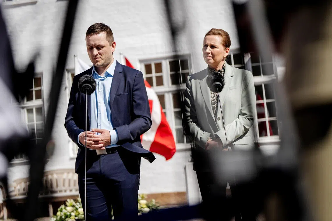 Danish Prime Minister Mette Frederiksen and Greenland's Prime Minister Jens-Frederik Nielsen address reporters in front of the Marienborg, in Denmark.