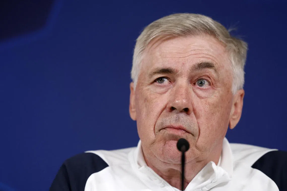 Real Madrid coach Carlo Ancelotti speaking to the press on April 8, a day before his side's Champions League quarter-final, first leg clash against Manchester City.