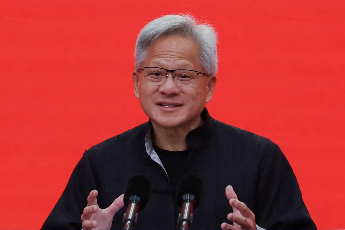 Nvidia CEO Jensen Huang speaking at the opening ceremony of a supply chain expo in Beijing, on July 16.