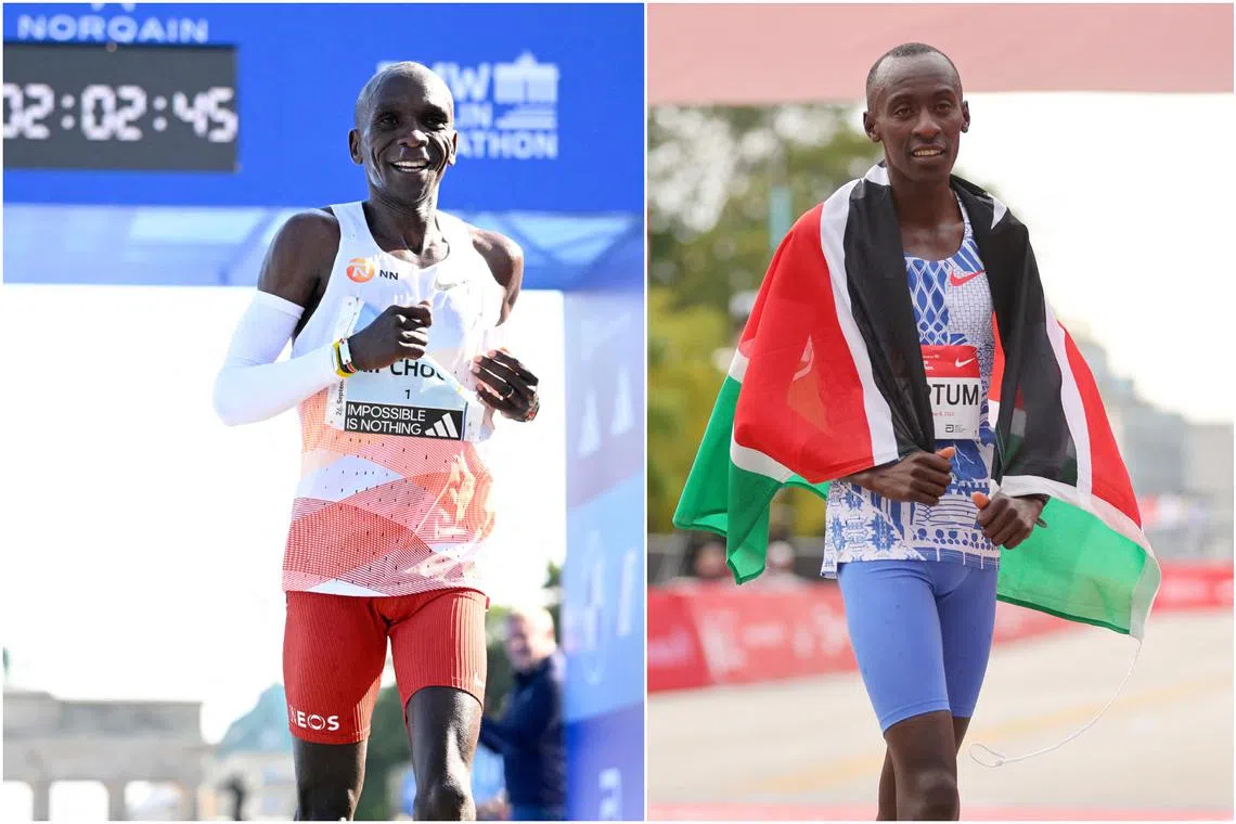 Two-time Olympic marathon champion Eliud Kipchoge (left) has never raced against world record holder Kelvin Kiptum.
