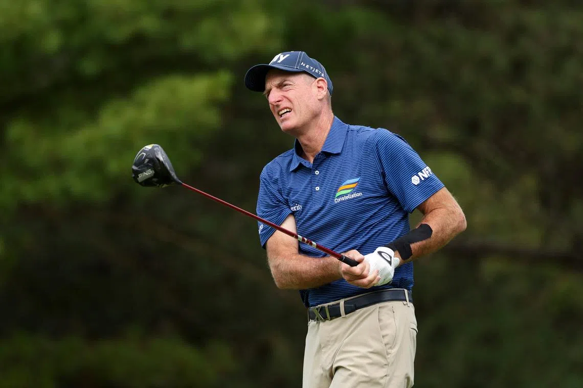 Jim Furyk watches a tee shot on the second hole during the first round of The Ally Challenge at Warwick Hills Golf And Country Club on Aug 23, 2024.