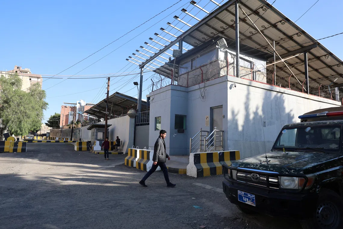 A man walks outside the United Nations compound following reports of UN staffers being detained by the Houthis, in Sanaa, Yemen October 29, 2025. REUTERS/Khaled Abdullah