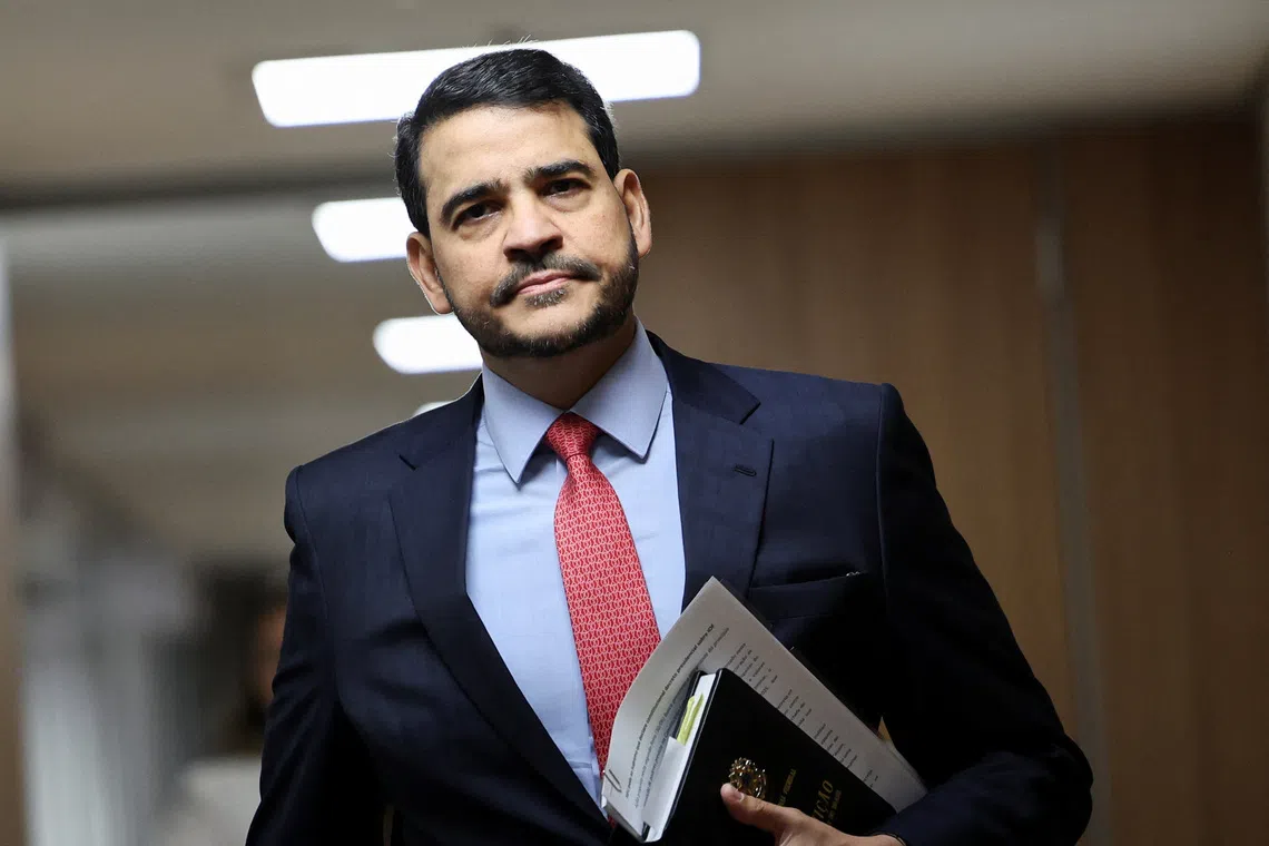 FILE PHOTO: Brazil's Attorney-General of the Union, Jorge Messias, arrives for a press conference in Brasilia, Brazil, July 1, 2025. REUTERS/Adriano Machado/ File Photo