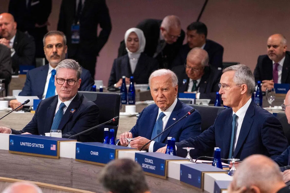 US President Joe Biden (centre) speaking at the Nato summit in Washington, on July 10.