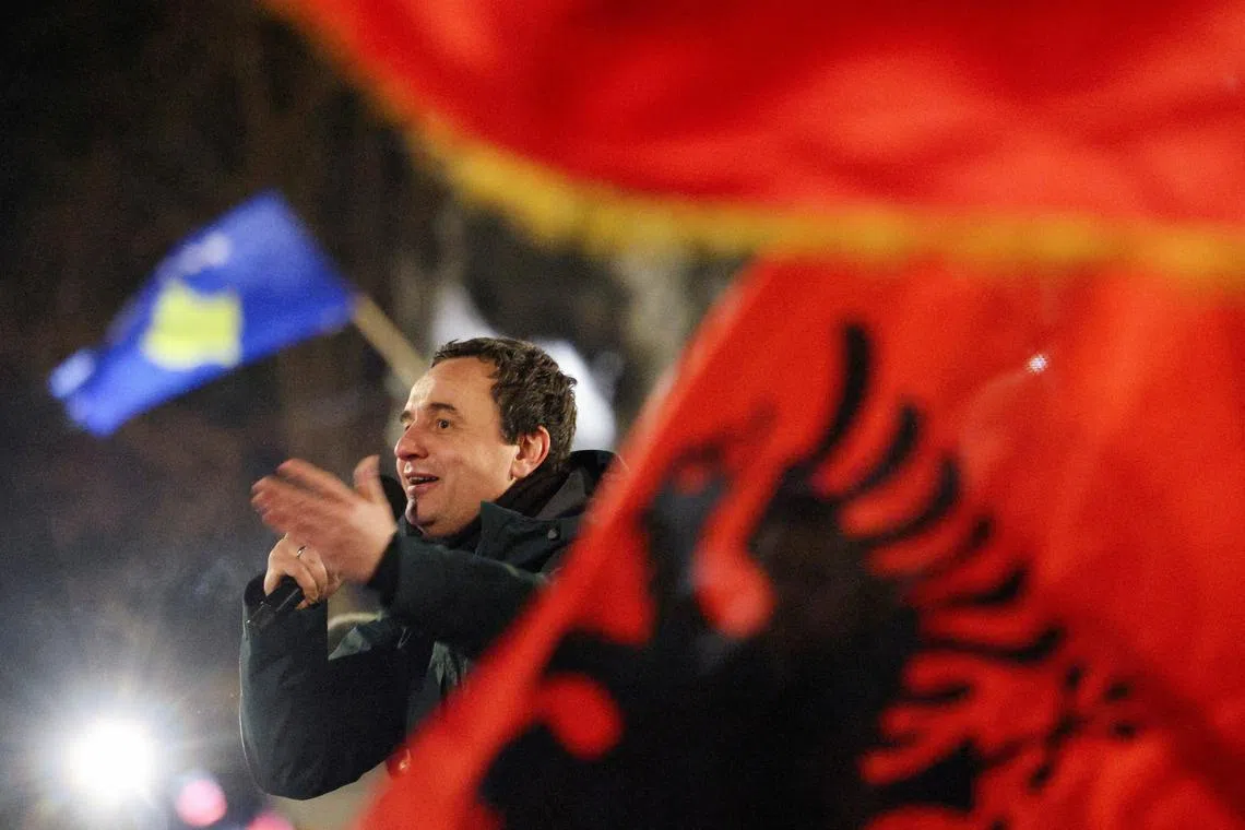 FILE PHOTO: Kosovo's Prime Minister and leader of the ruling Vetevendosje party Albin Kurti addresses supporters as exit polls show the party is set to come first in the parliamentary election, in Pristina, Kosovo February 10, 2025. REUTERS/Florion Goga/File Photo