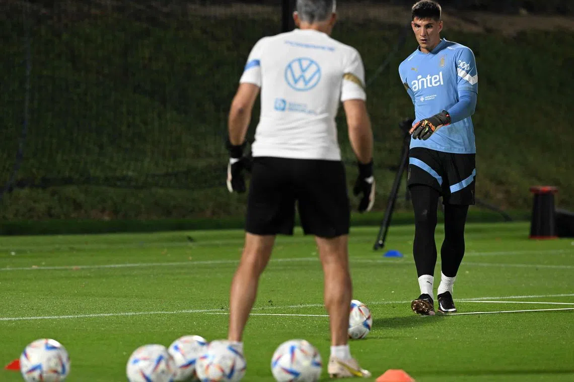 Uruguay's goalkeeper Sergio Rochet during a training session at the Al Erssal training centre in Doha on Sunday.