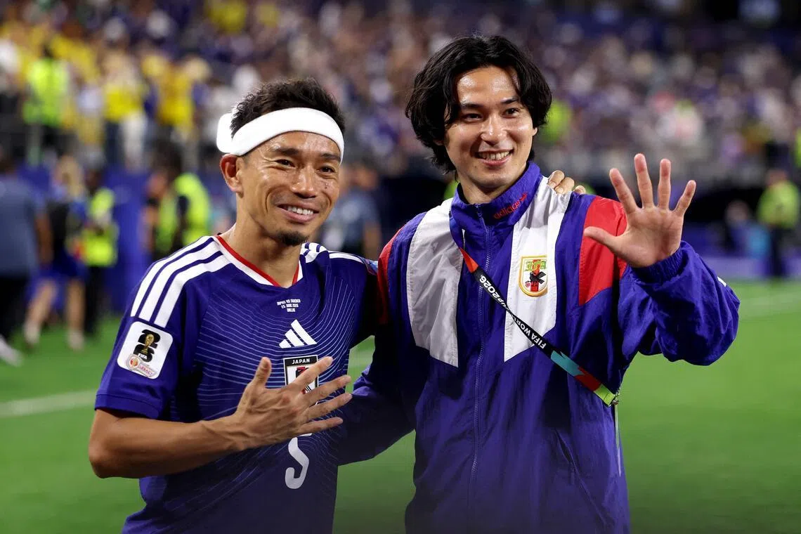 Yuto Nagatomo #5 and Takumi Minamino react after the 1-1 draw in the FIFA World Cup 2026 Group F match between Japan and Sweden at Dallas Stadium on June 25, 2026 in Arlington, Texas.