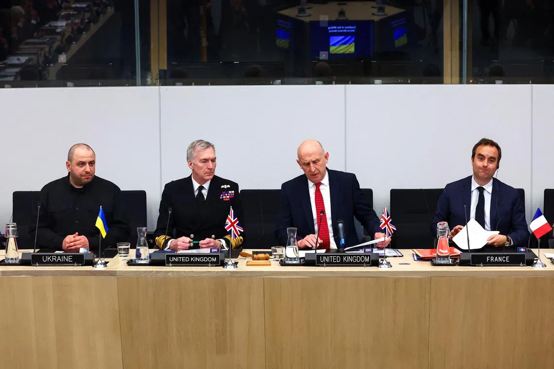 Britain's Defence Secretary John Healey, Britain's Chief of the Defence Staff Admiral Tony Radakin, Ukrainian Defence Minister Rustem Umerov and France's Defence Minister Sebastien Lecornu attend a meeting of the Coalition of the Willing in defence ministers format, hosted by the United Kingdom and France, at NATO headquarters in Brussels, Belgium April 10, 2025. REUTERS/Yves Herman