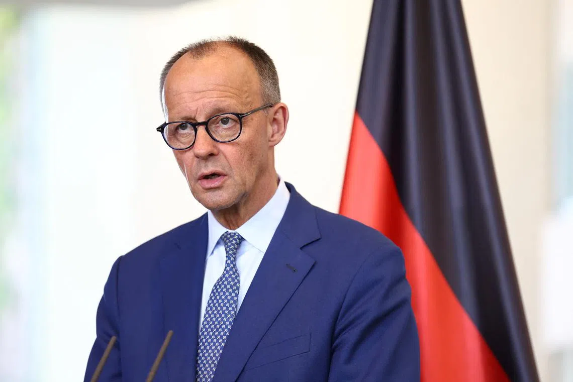 German Chancellor Friedrich Merz speaks during a press conference with Greek Prime Minister Kyriakos Mitsotakis, in Berlin, Germany, May 13, 2025. REUTERS/Lisi Niesner