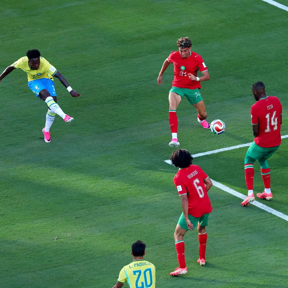 Soccer Football - FIFA World Cup 2026 - Group C - Brazil v Morocco - New York/New Jersey Stadium, East Rutherford, New Jersey, U.S. - June 13, 2026 Brazil's Vinicius Junior scores their first goal REUTERS/Mike Segar