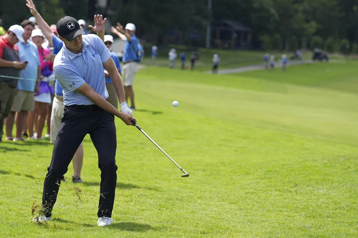 Jordan Speith pitching up to the 14th green, during the Wyndham Championship in North Carolina, US, on Aug 9.