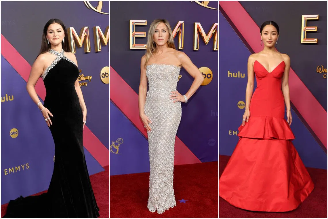 (From left) Selena Gomez, Jennifer Aniston and Anna Sawai at the 2024 Emmy Awards.