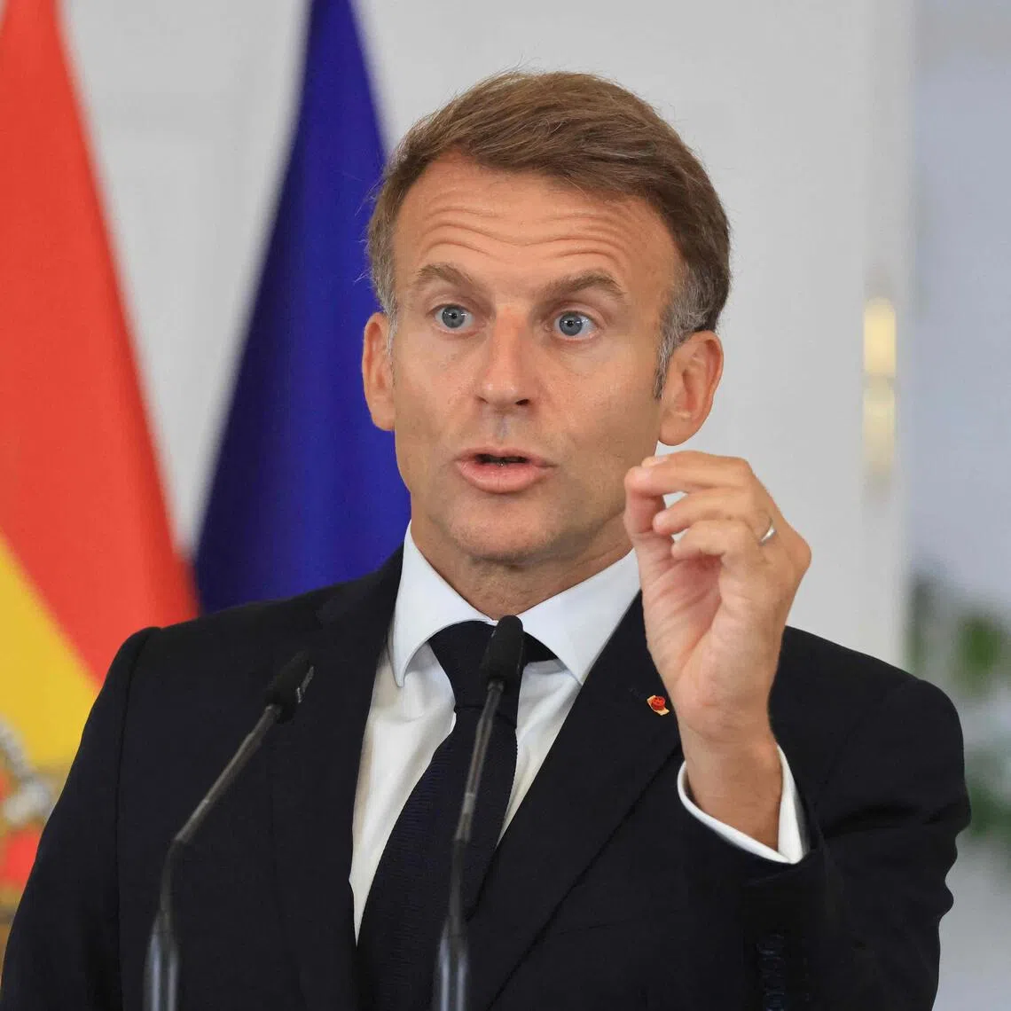 French President Emmanuel Macron speaking at a joint press conference with Spain’s Prime Minister Pedro Sanchez (not pictured) at the Moncloa Palace in Madrid on Sept 30.