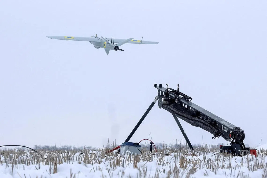 A Ukrainian made RAM ІІ precision-guided loitering munition (UAV) takes off, amid Russia's attack on Ukraine, in Kharkiv region, Ukraine February 15, 2025. REUTERS/Anatolii Stepanov     TPX IMAGES OF THE DAY     