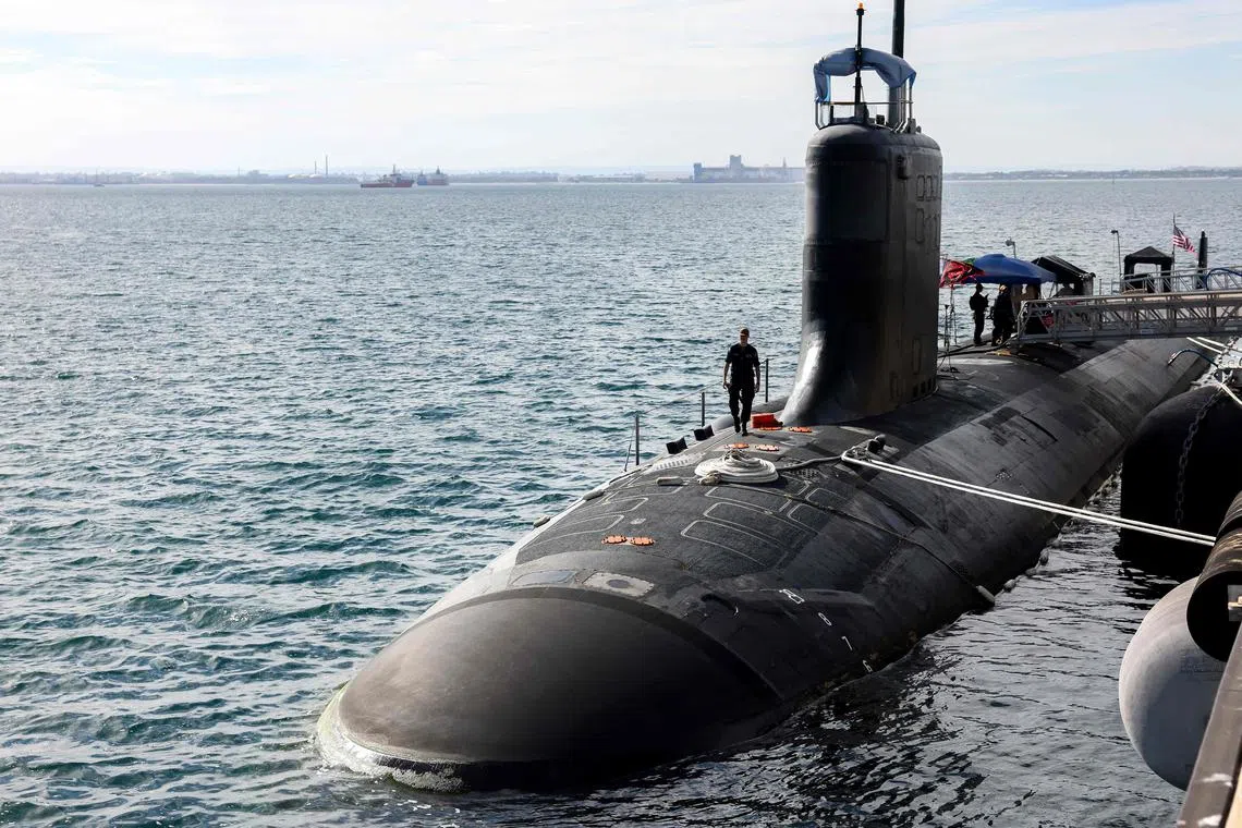 The US Navy’s Virginia-class fast-attack submarine USS Minnesota docked at a naval base in Rockingham, Western Australia, on Feb 26. 