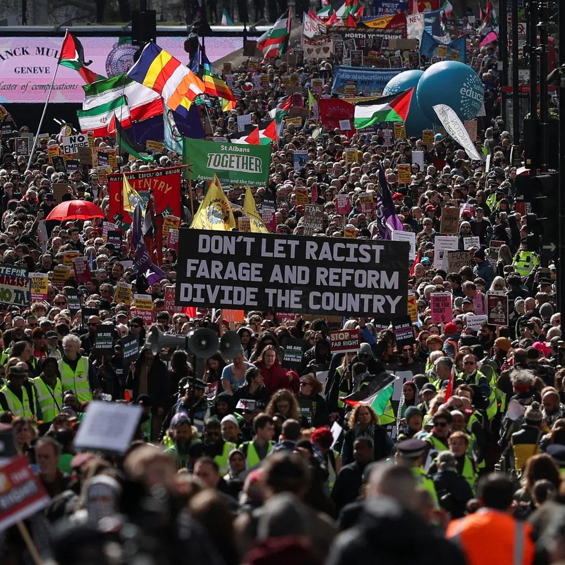 Demonstrators march against far-right extremism from Park Lane to Trafalgar Square, organised by the Together Alliance, a coalition of unions and civil society groups, in London, Britain, March 28, 2026. REUTERS/Hannah McKay