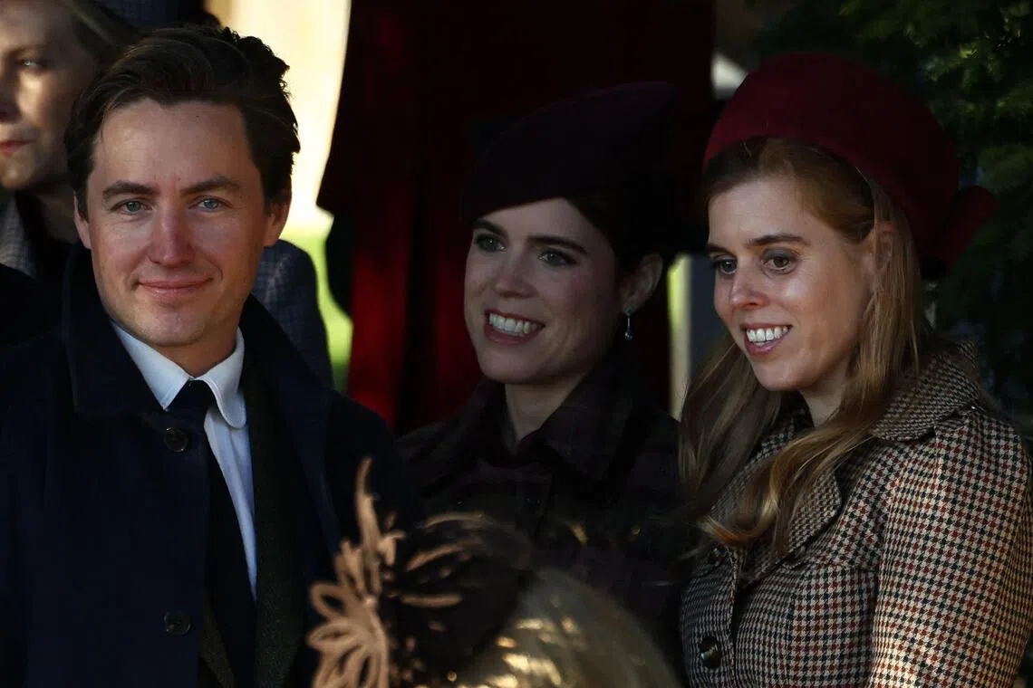 Edoardo Mapelli Mozzi, Britain's Princess Eugenie of York and Princess Beatrice of York leave after attending the royal family's Christmas Day service at St Mary Magdalene Church in Sandringham on Dec 25.