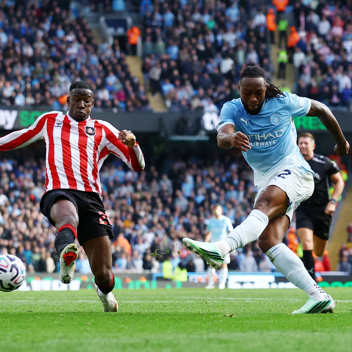 Manchester City's Antoine Semenyo scores their fourth goal against Sunderland on Sept 20.