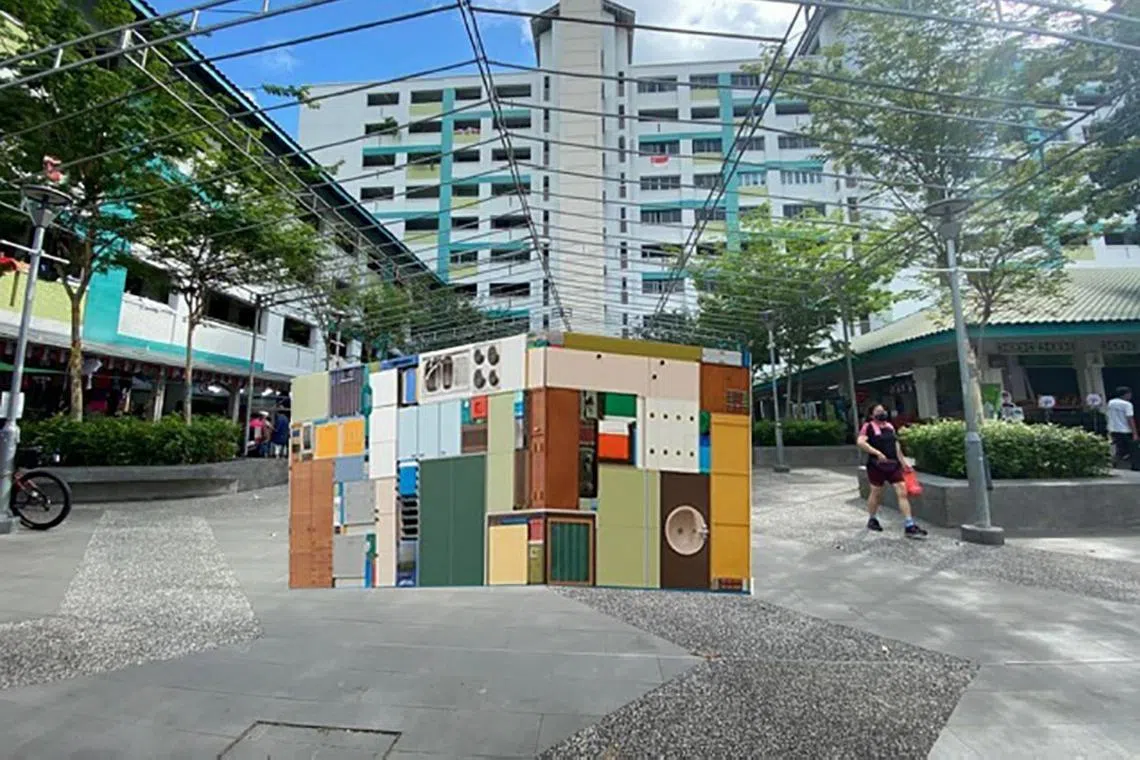 Rendering of sculpture called Block Party: Our Neighbourhood Furniture Tetris by artist Justin Loke at Pasir Ris East for Singapore Art Week 2023.