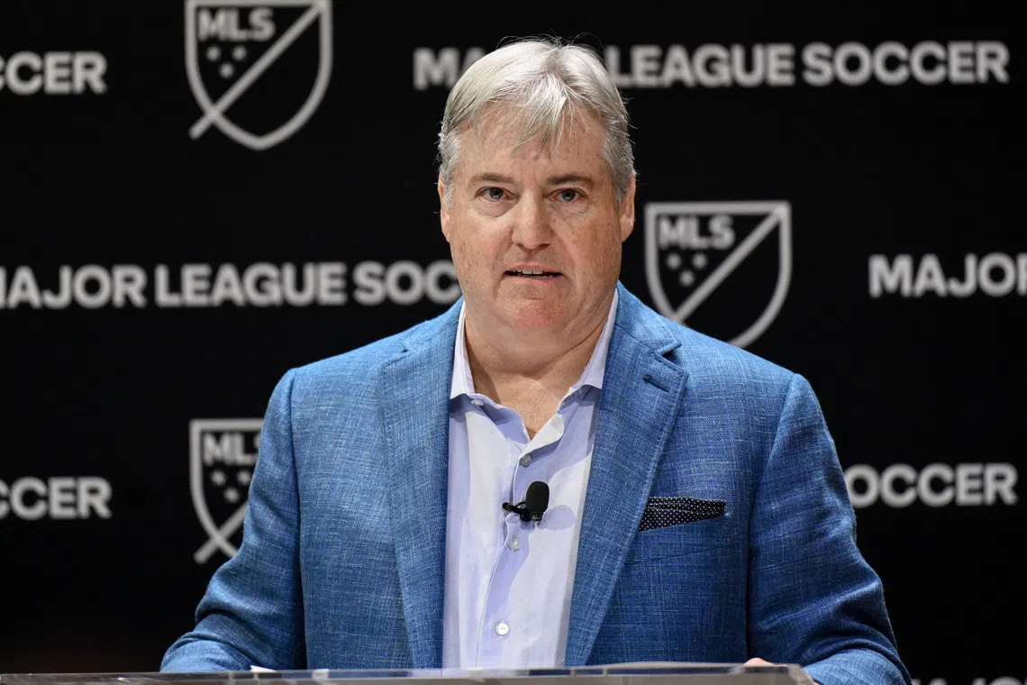 Larry Berg speaks at an introductory press conference after being named the next MLS commissioner.