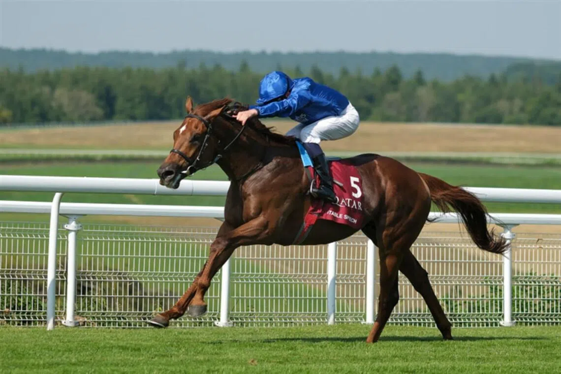 Horse racing: Godolphin's Notable Speech (William Buick) landing the Group 1 Sussex Stakes (1,600m) at Goodwood, 31 July 2024.